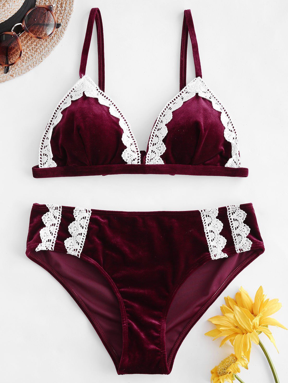 

Velvet Crochet Lace Applique Bikini Set, Red wine
