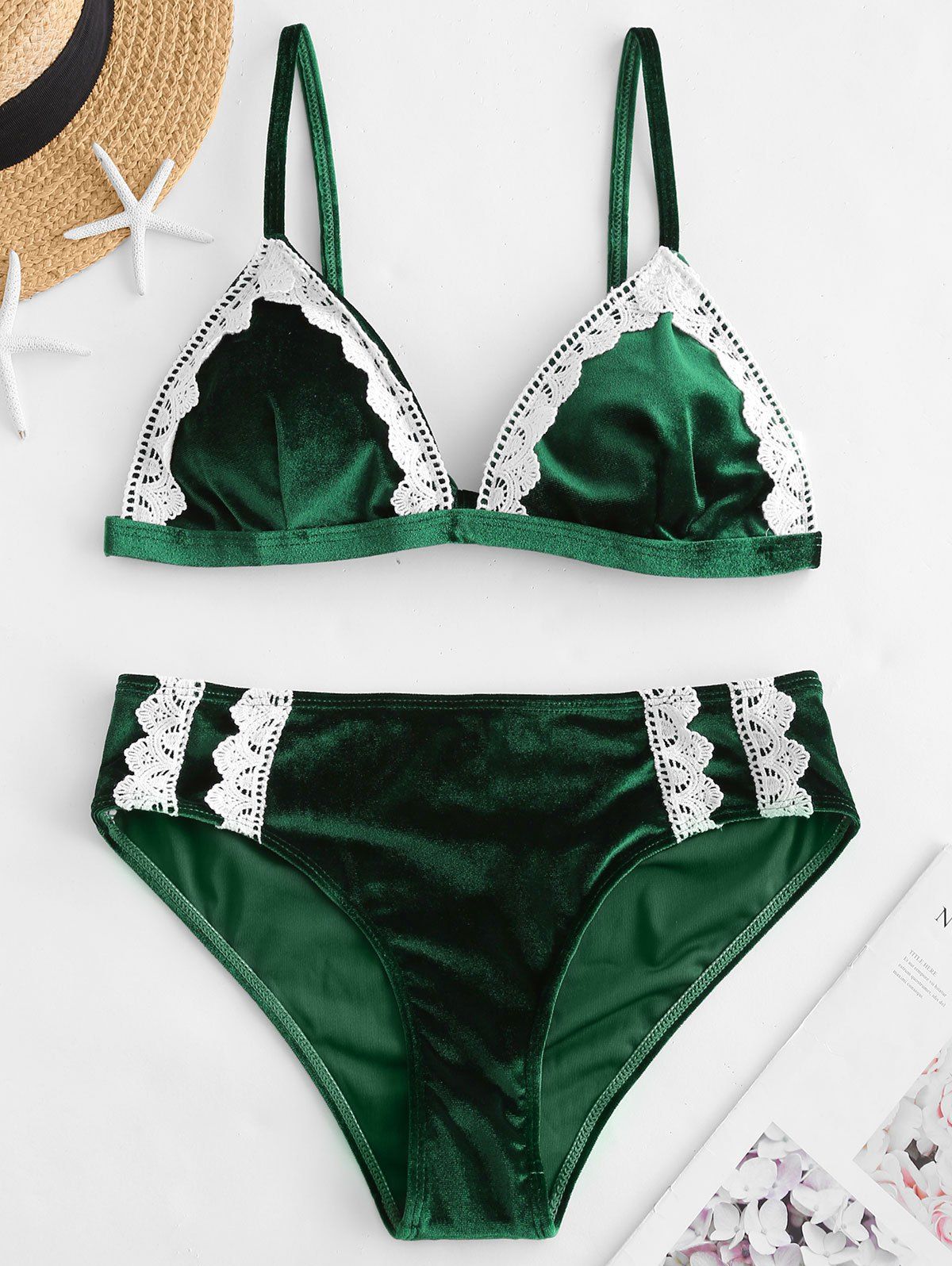 

Velvet Crochet Lace Applique Bikini Set, Deep green