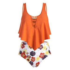 

Plus Size Floral Crisscross Ruffle Tankini Swimwear, White