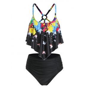 

Paint Splatter Butterfly Print Padded Tankini Swimwear, Black