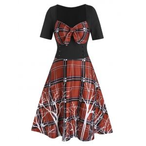 Plaid Panel Bowknot Mini A Line Dress, Black