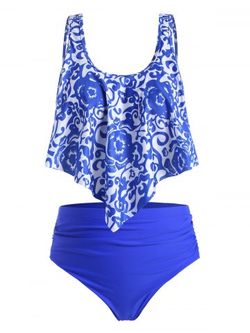 Plus Sie Printed Flounce Tankini Swimsuit - BLUE - L