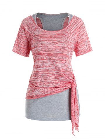 Plus Size Tie Knot Space Dye T Shirt and Racerback Tank Top Set - PINK - L