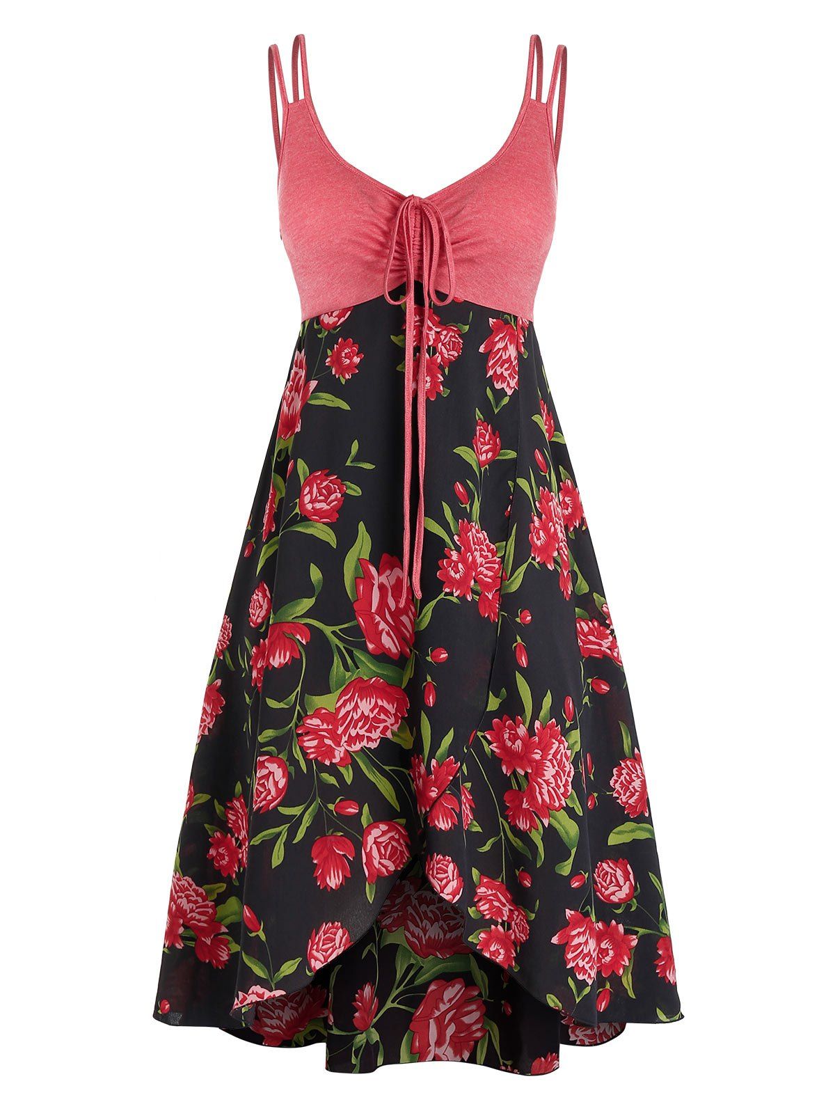 

Plus Size Flower Cinched Tie Backless Overlap Cami Dress, Black