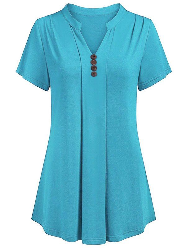 

Plus Size Plain Mock Buttons Curved T Shirt, Silk blue