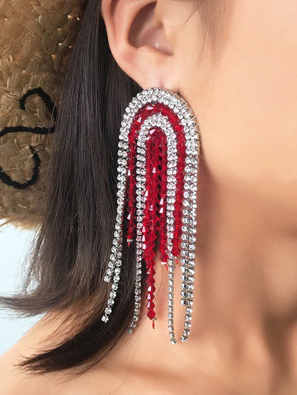 

Rhinestone Beads Fringe Long Earrings, Red