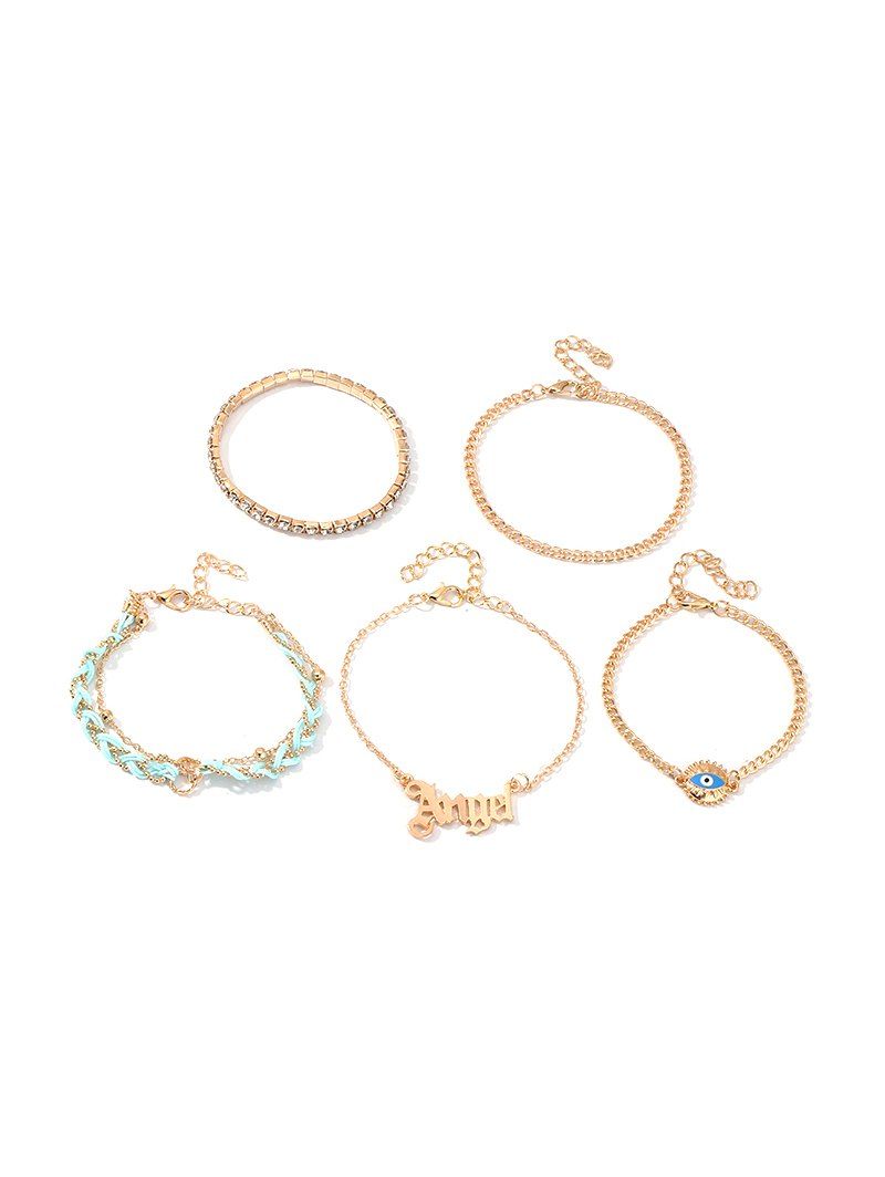 

Evil Eye Letter Rhinestone Chain Bracelets Set, Gold