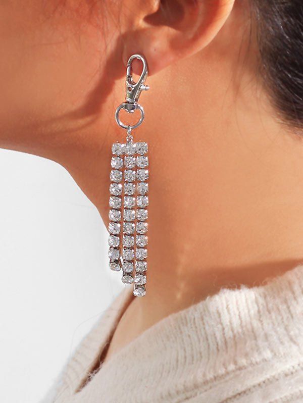 

Snap Hook Shape Rhinestone Tassel Earrings, Silver