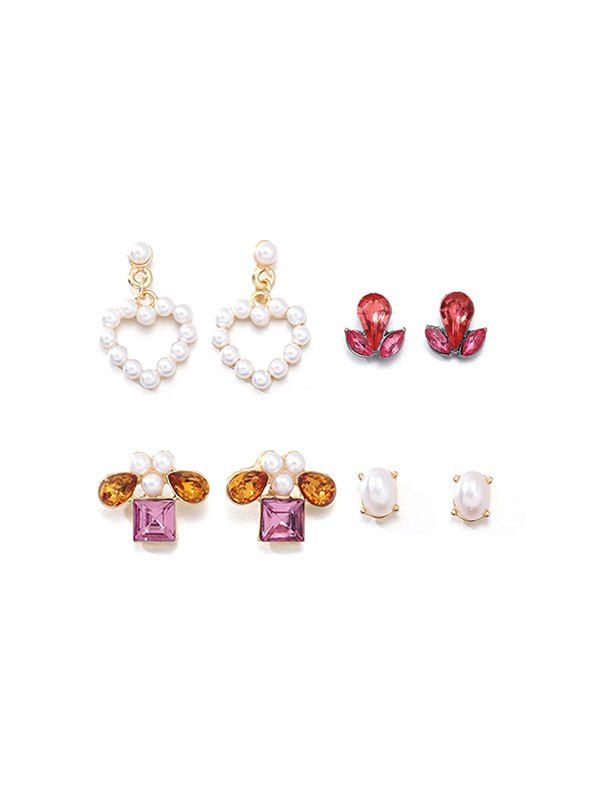 

4Pairs Faux Pearl Heart Geometric Earrings Set, Gold