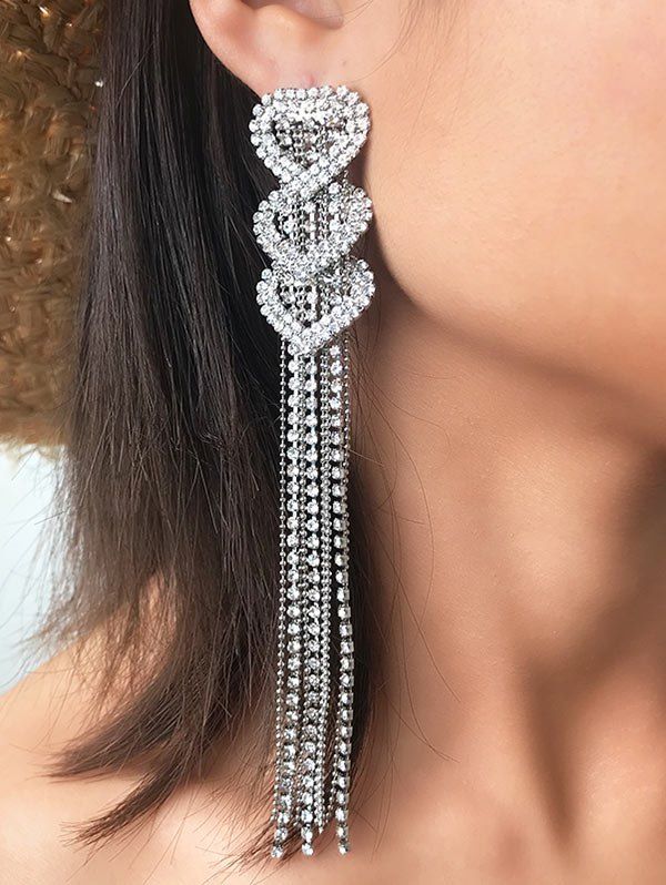 

Heart Rhinestone Tassel Long Earrings, Silver