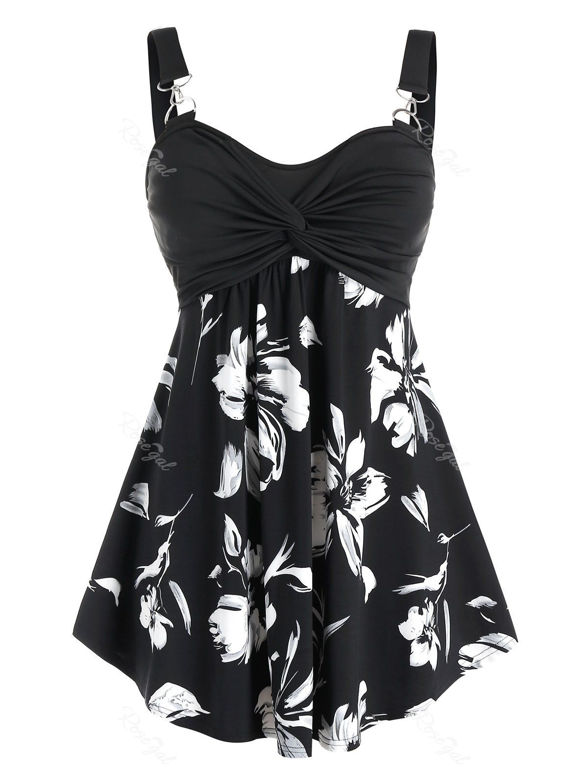 

Plus Size Flower Twisted Backless Tunic Tank Top, Black