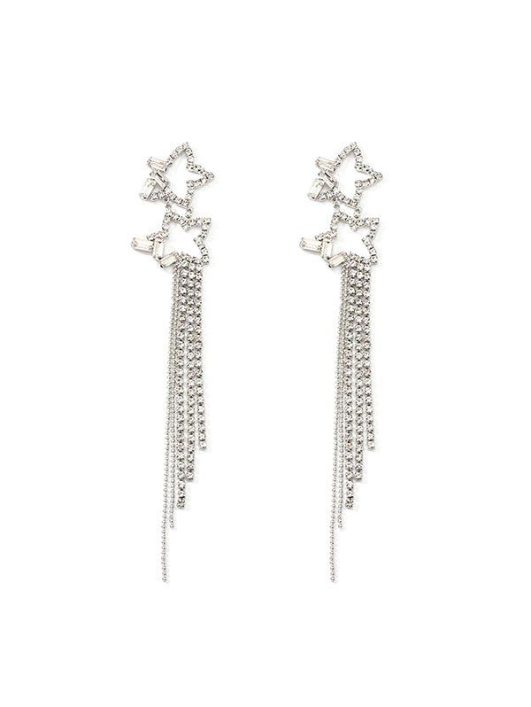 Hollow Star Tassel Rhinestone Earrings, Silver