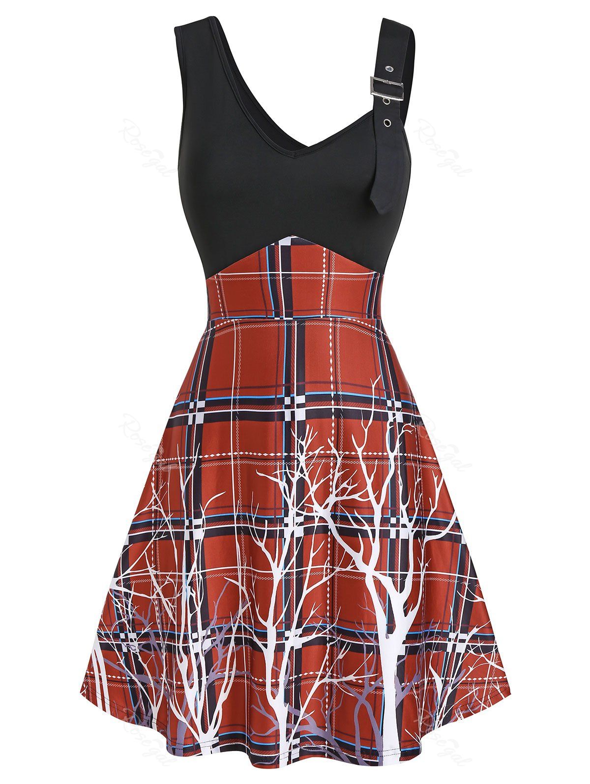 Buy Plaid Tree Printed Patchwork A Line Dress  