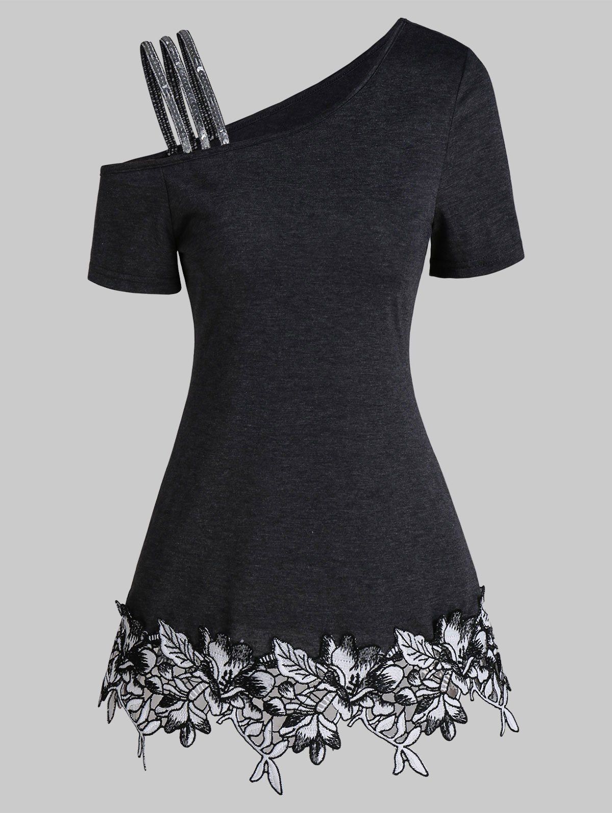 

Cold Shoulder Lace Hem Short Sleeve T Shirt, Dark gray