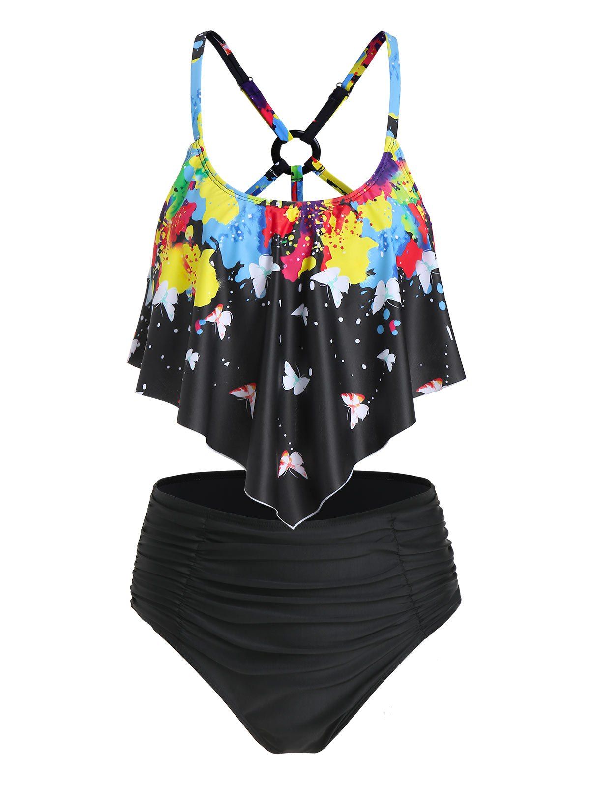 Fashion Paint Splatter Butterfly Print Padded Tankini Swimwear  