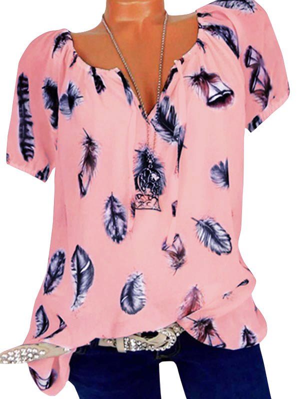 

Plus Size Feather Print Peasant Blouse, Pink