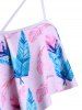 Flounces Strappy Leaves Print Stripes Plus Size Tankini Swimwear -  