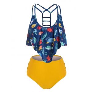 

Sea Creatures Cutout Overlay Tankini Swimwear, Sun yellow