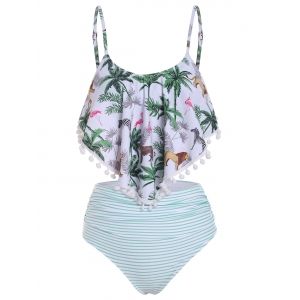 

Pom-pom Animal Plant Print Striped Flounce Tankini Set, Light aquamarine