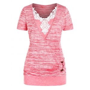 

Plus Size Space Dye Lace Applique O Ring T Shirt, Pink rose