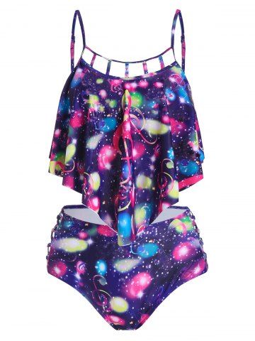 Colorful Music Notes Print Padded Tankini Swimwear - MULTI-A - M