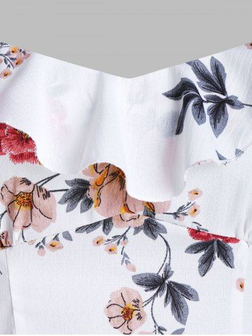 

Floral Print Flounce Open Shoulder Blouse, White