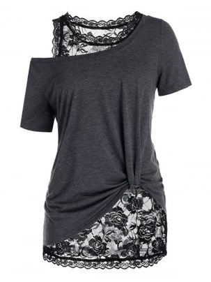 Plus Size Skew Collar T Shirt with Lace Tank Top