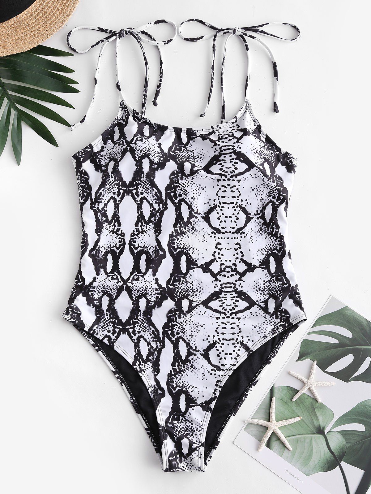 

Snake Print Tie Shoulder One-piece Swimsuit, Black