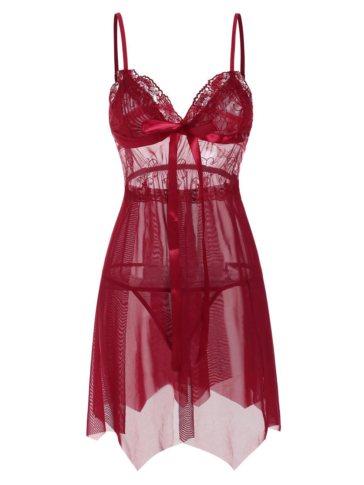 

Lace Panel Bowknot Sheer Mesh Babydoll Set, Red