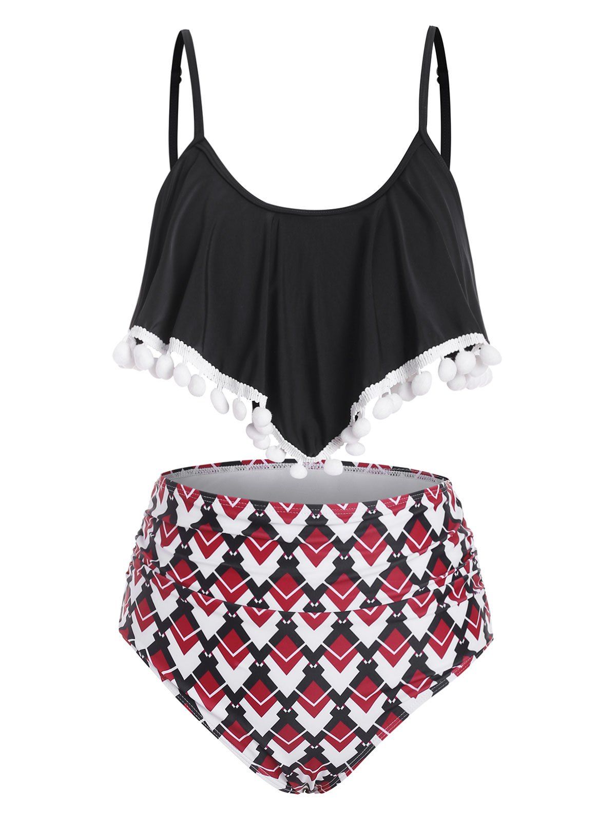 

Pom-pom Flounce Striped Floral Geo Print Ruched Tankini Set, Red wine