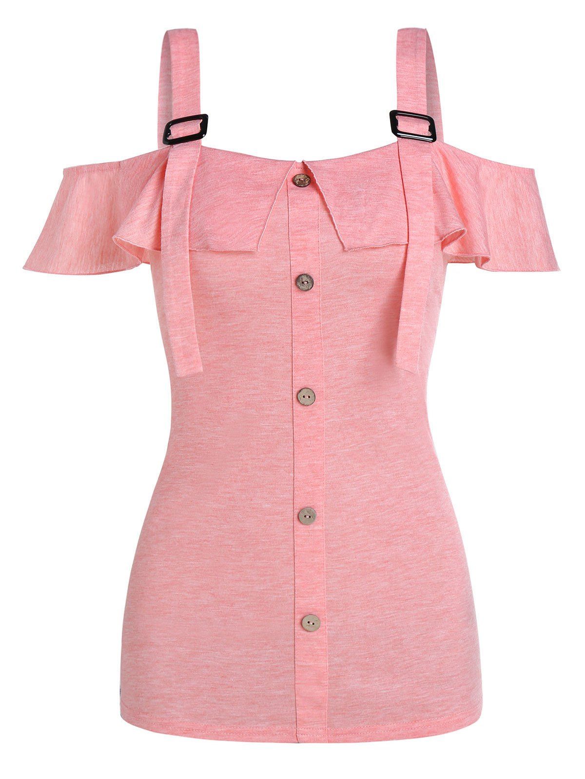 

Mock Button Open Shoulder Flounce Heathered T-shirt, Pink