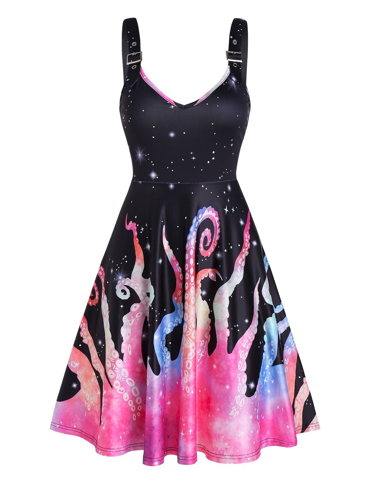 Outfit Buckle Strap Starry Print Cami A Line Dress  