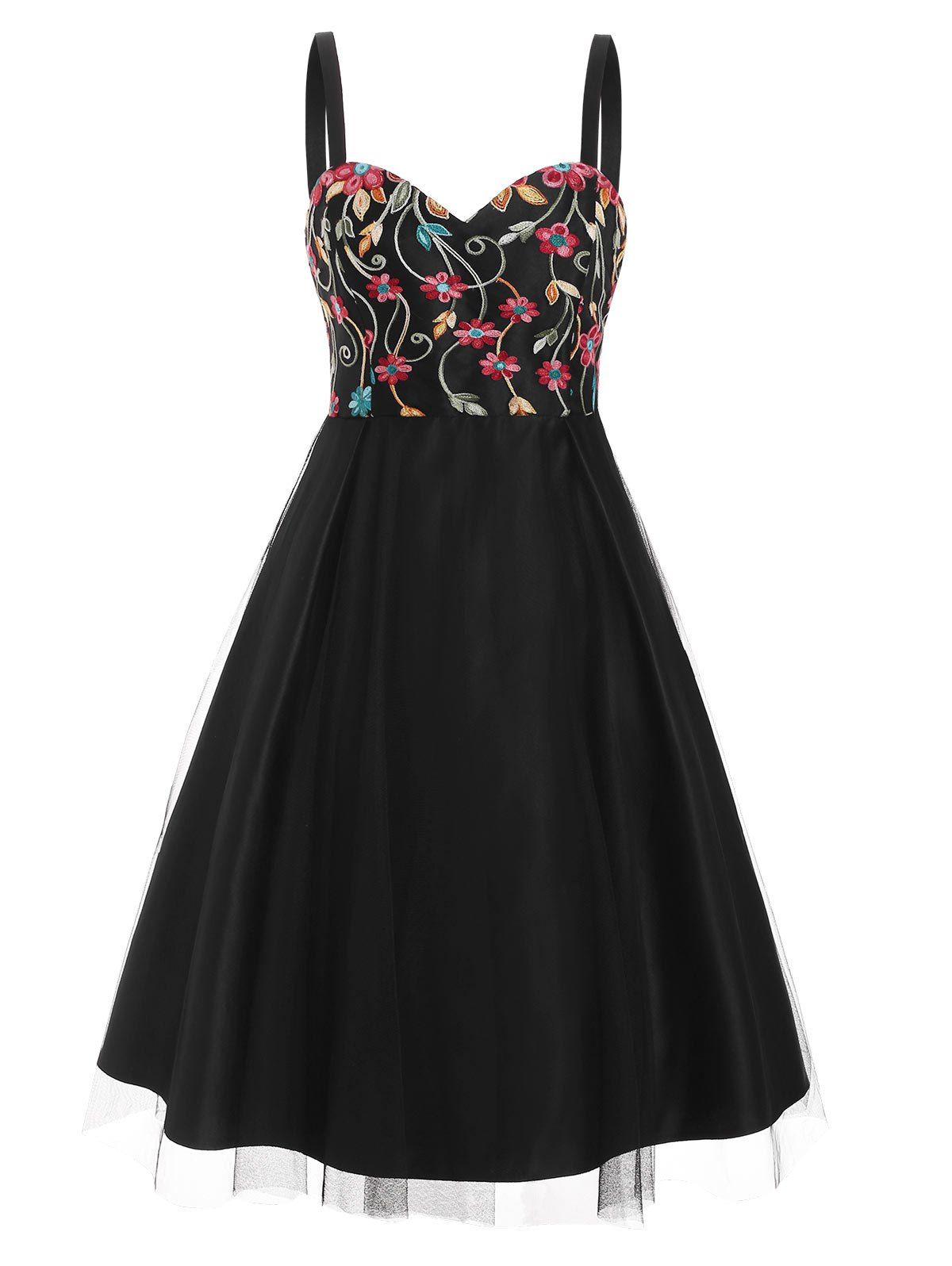 

Lace Overlay Flower Embroidered Sweetheart Dress, Black