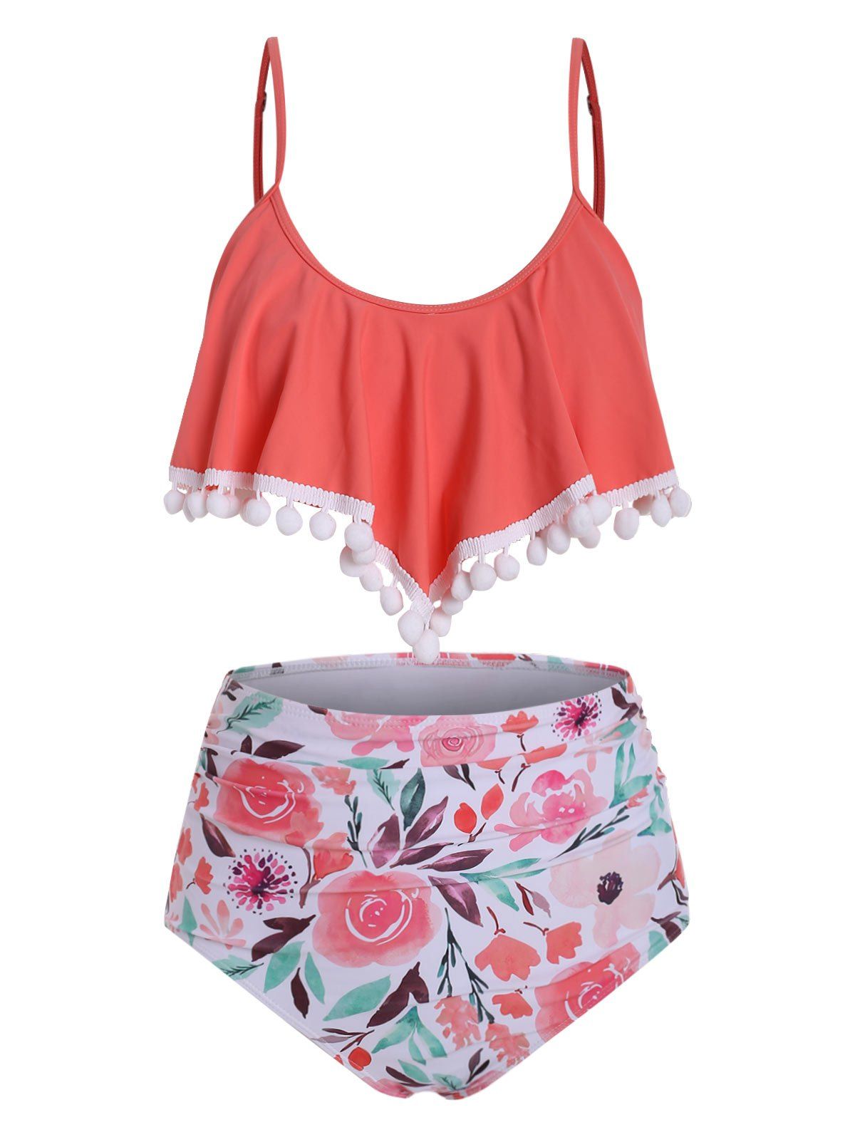 

Pom-pom Flounce Striped Floral Geo Print Ruched Tankini Set, Pink