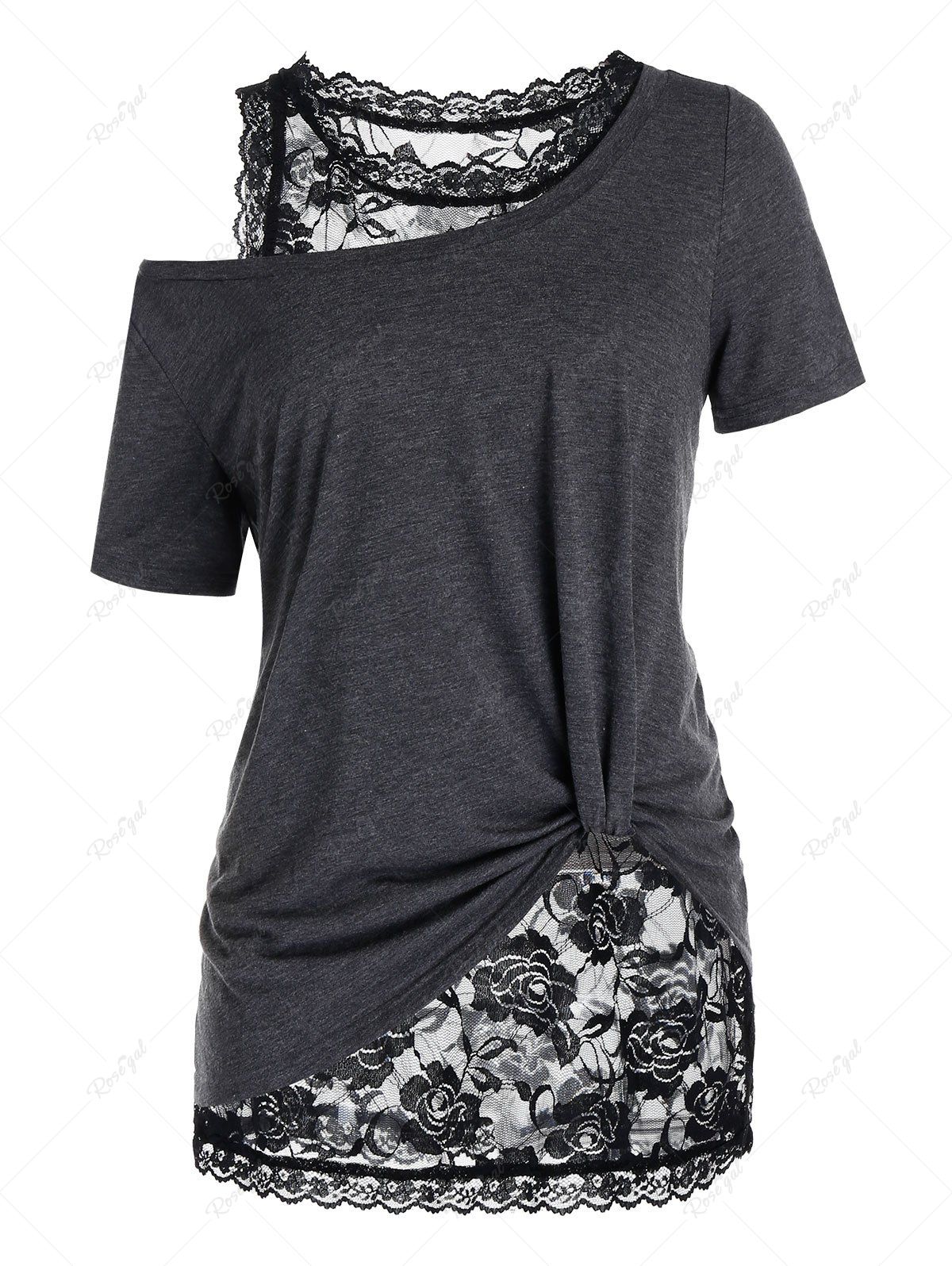 Trendy Plus Size Skew Collar T Shirt with Lace Tank Top  
