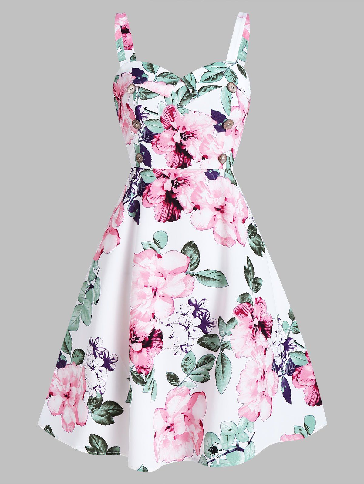 

Flower Printed Button Fit And Flare Dress, White