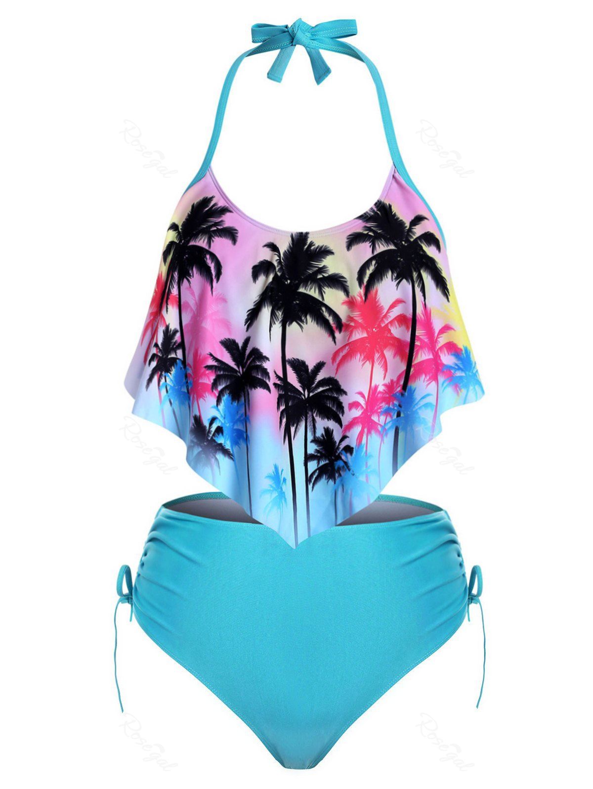 [35% OFF] Plus Size Ruffle Cinched Palm Tree Print Tankini Swimwear ...