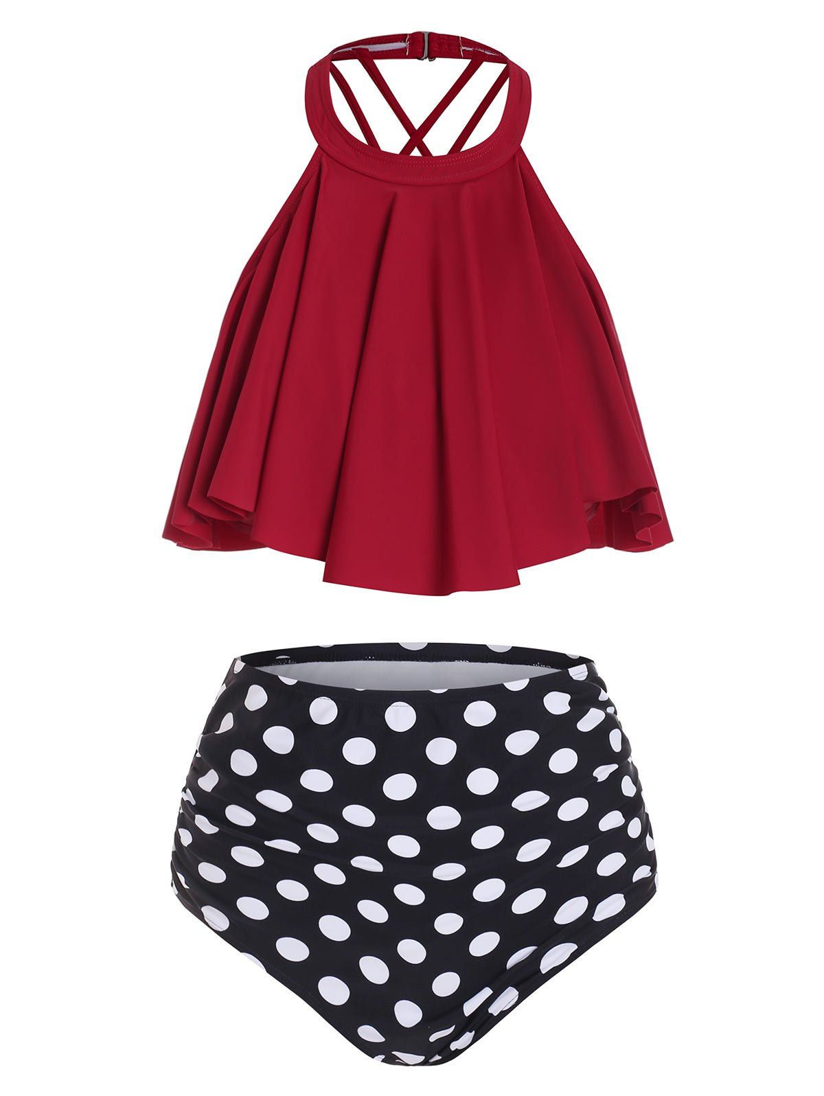 

Polka Dot Caged Flounce Overlay Tankini Swimwear, Cherry red