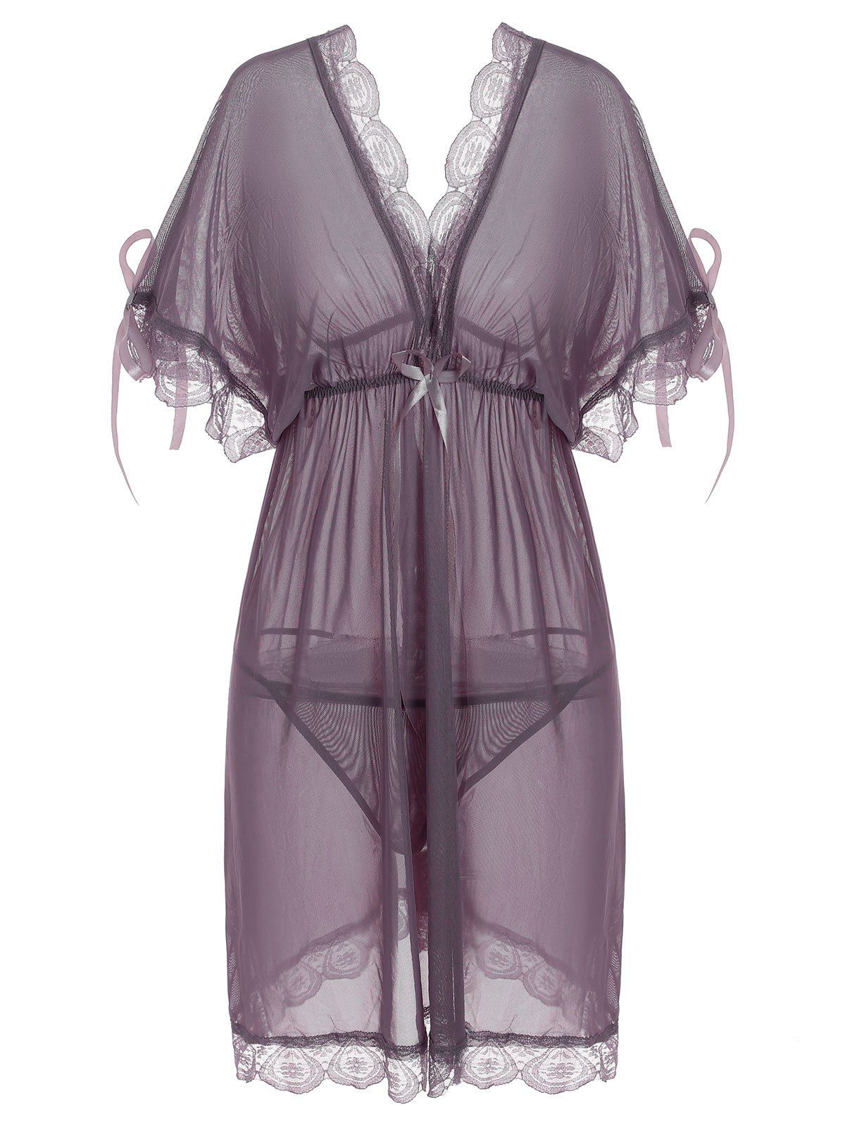 

Bowknot Mesh Lace Panel Babydoll Set, Wisteria purple