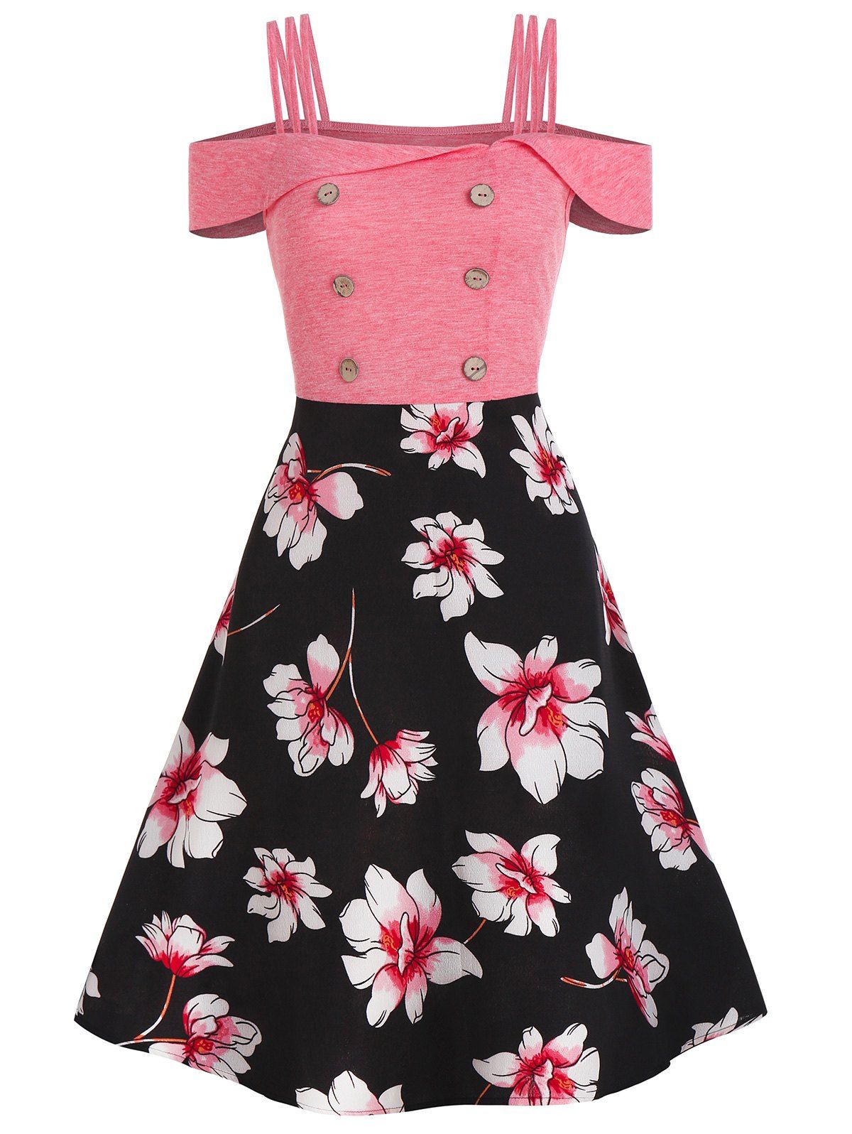 

Could Shoulder Flower Print Panel Button Dress, Pink