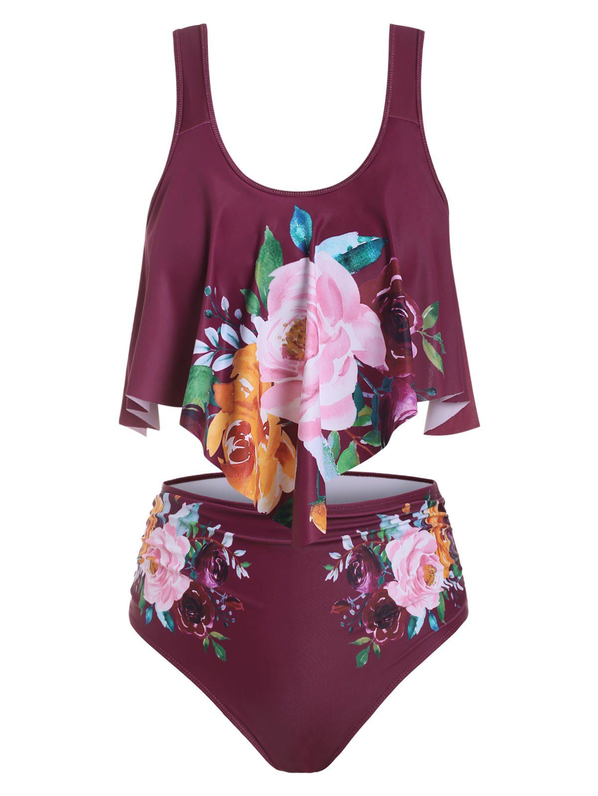 

Floral Print Overlay Padded Tankini Swimwear, Plum pie