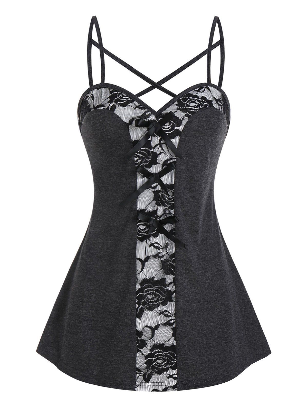 

Sheer Lace Panel Bowknot Cami Tank Top, Dark gray