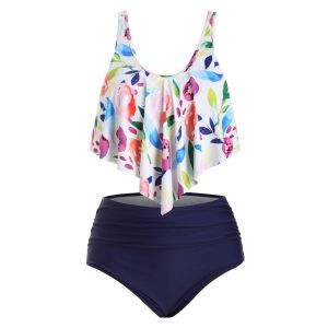 

Plus Size Floral Ruffle Tankini Swimwear, Deep blue