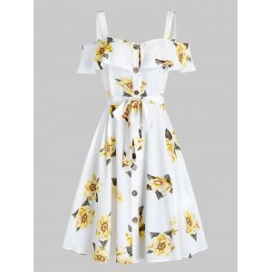 

Flower Print Button Through Belted Dress, Multi a