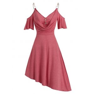 

Chain Strap Open Shoulder Asymmetric Dress, Red