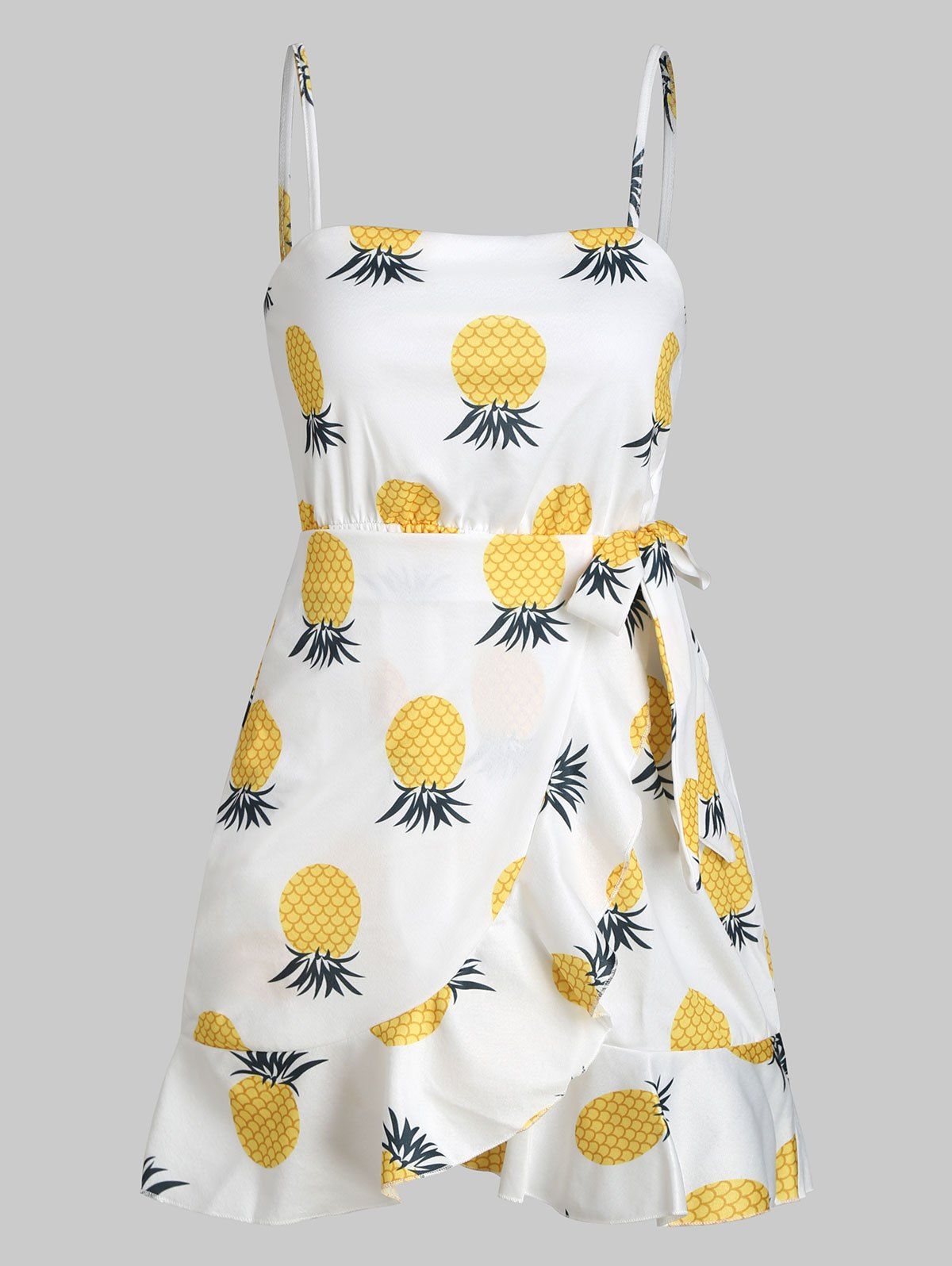 

Print Ruffle Spaghetti Strap Dress, White