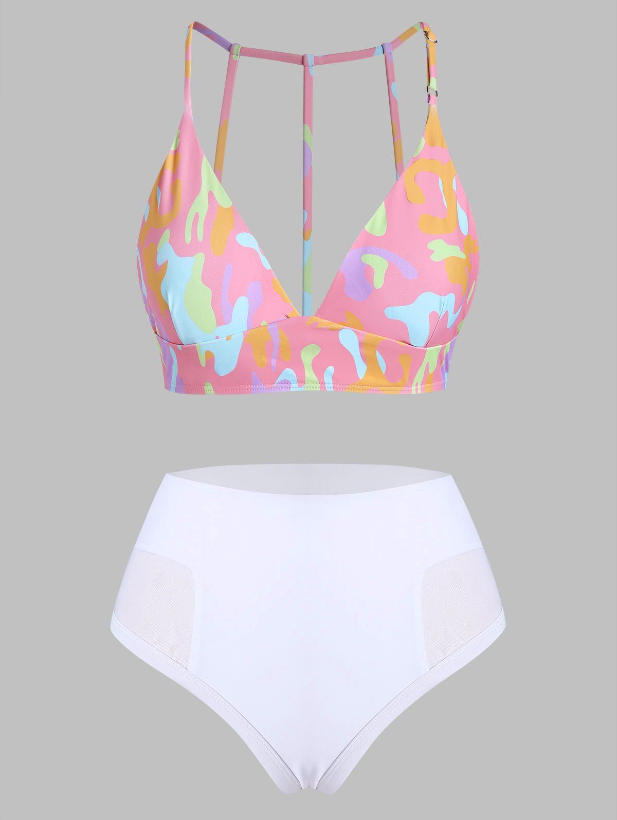 

Printed Strappy Mesh Panel High Waisted Bikini Swimsuit, Pink
