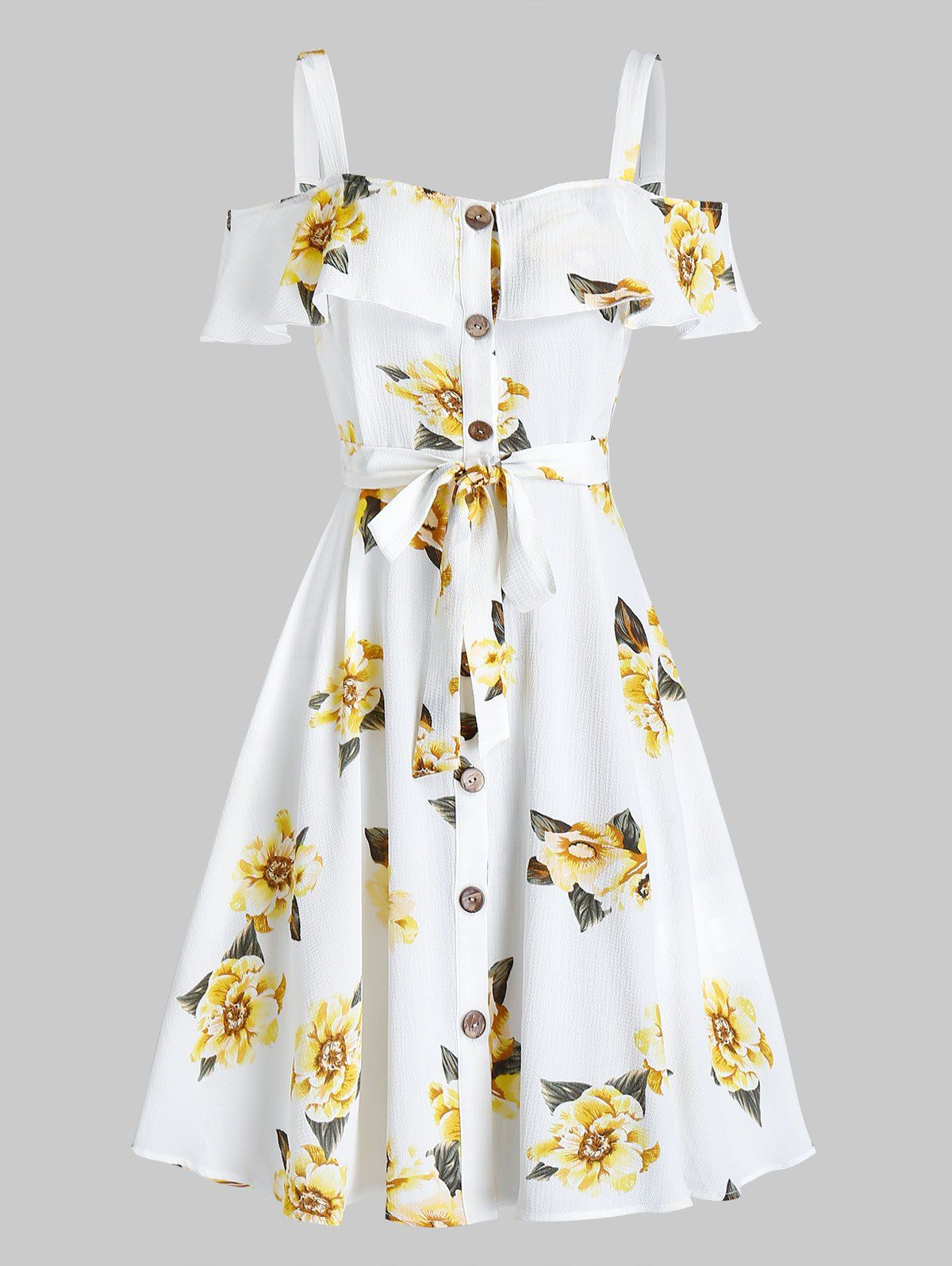 Affordable Flower Print Button Through Belted Dress  