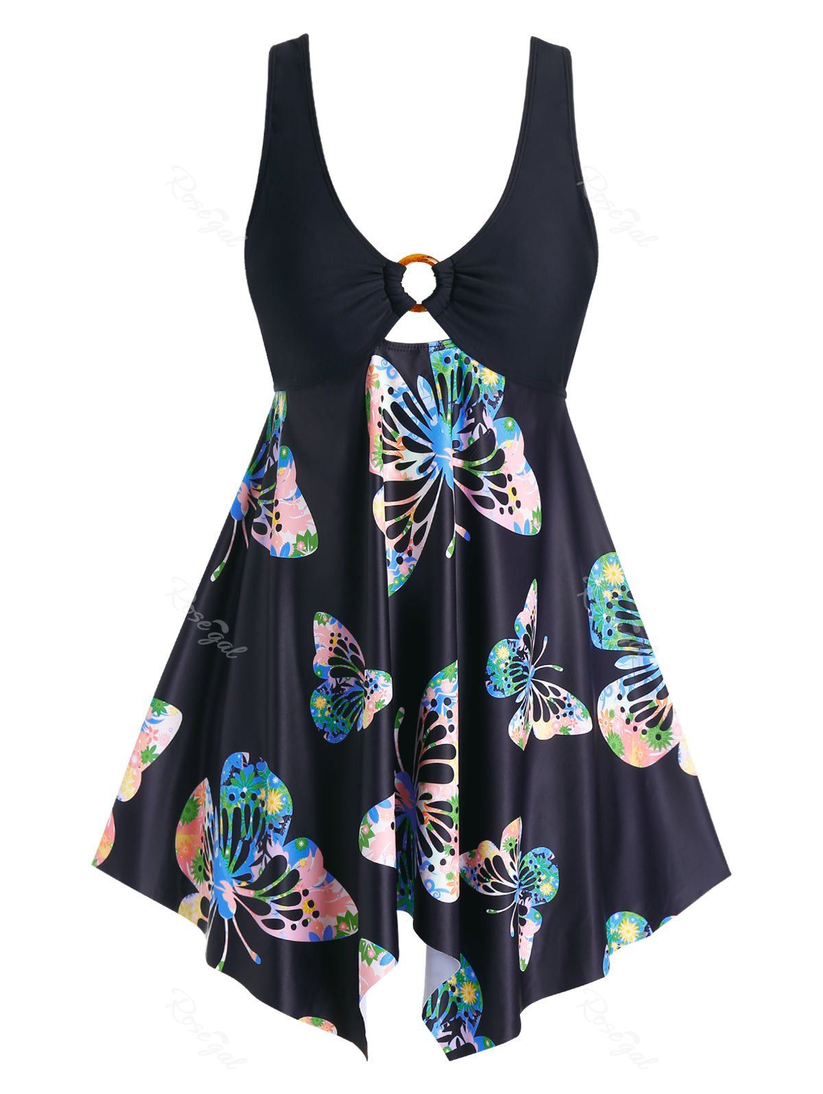 

Plus Size Butterfly Printed Hanky Hem Tankini Swimsuit, Black