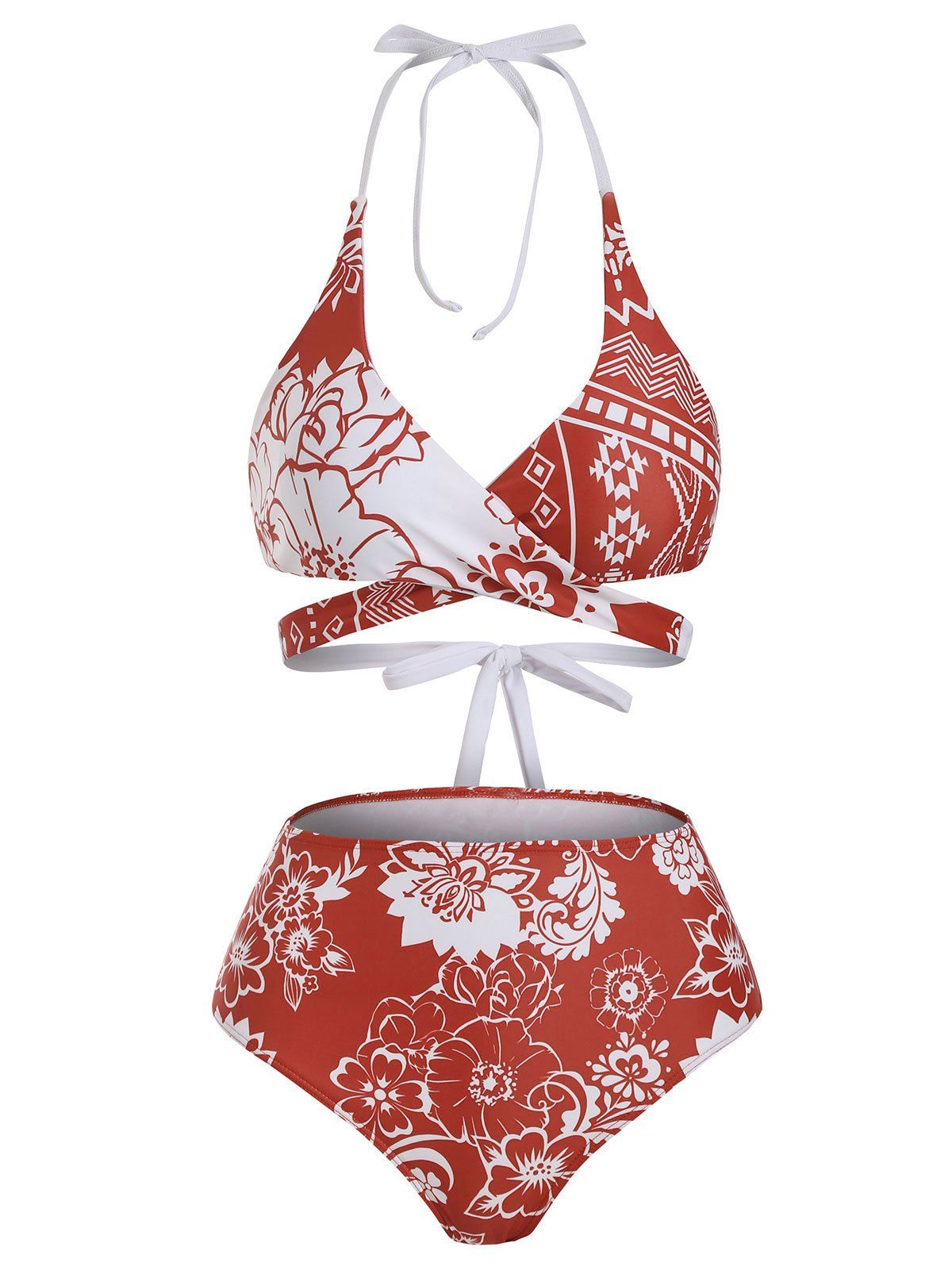 

Floral Print Padded Wrap Bikini Swimwear, Cherry red